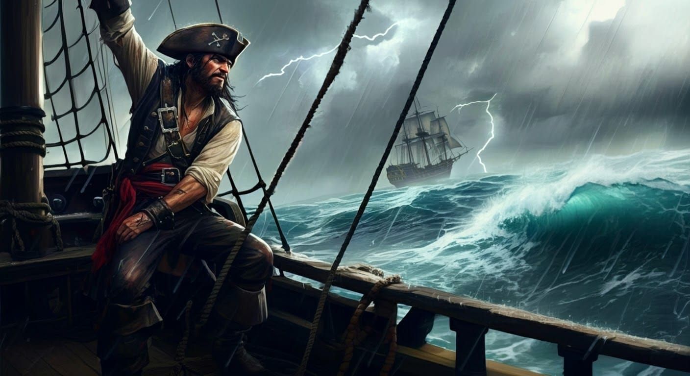 Pirate Ship Rides Storm in Graffiti Art Style