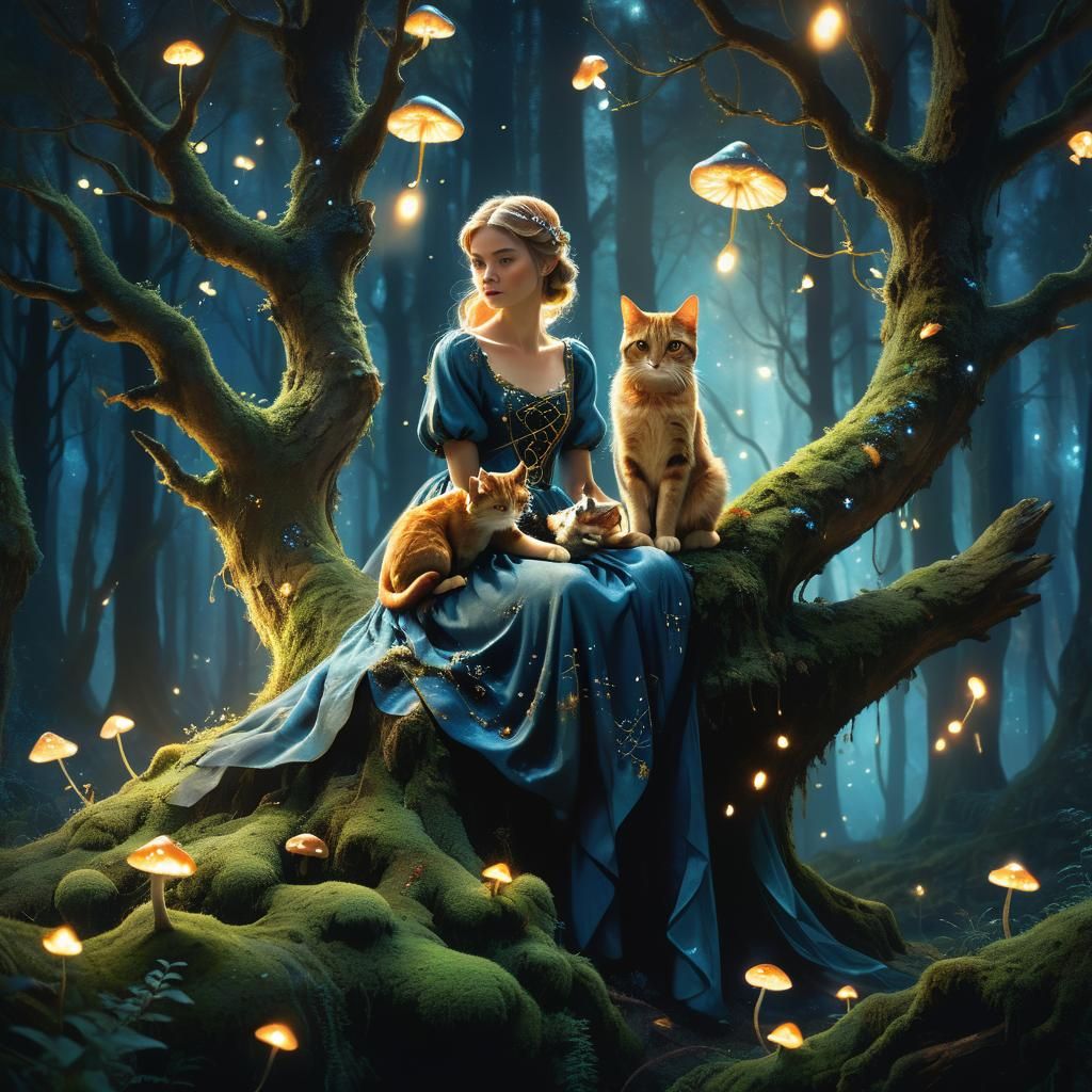 Mystical Forest Scene with Lady and Cat
