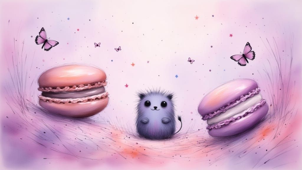 Whimsical Pastries Float in Lavender Sky with Friendly Monst...