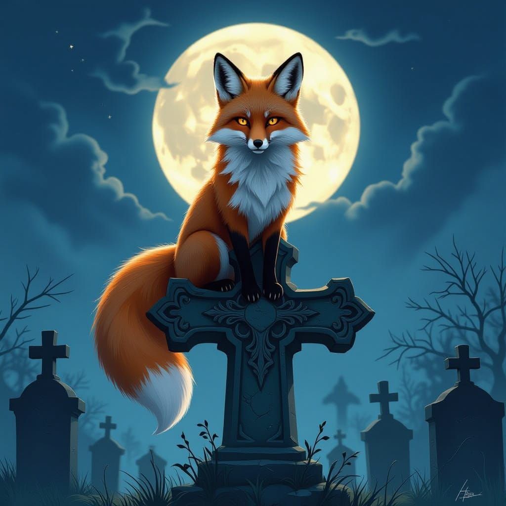 Ancient Fox on Gothic Cross in Moonlit Graveyard