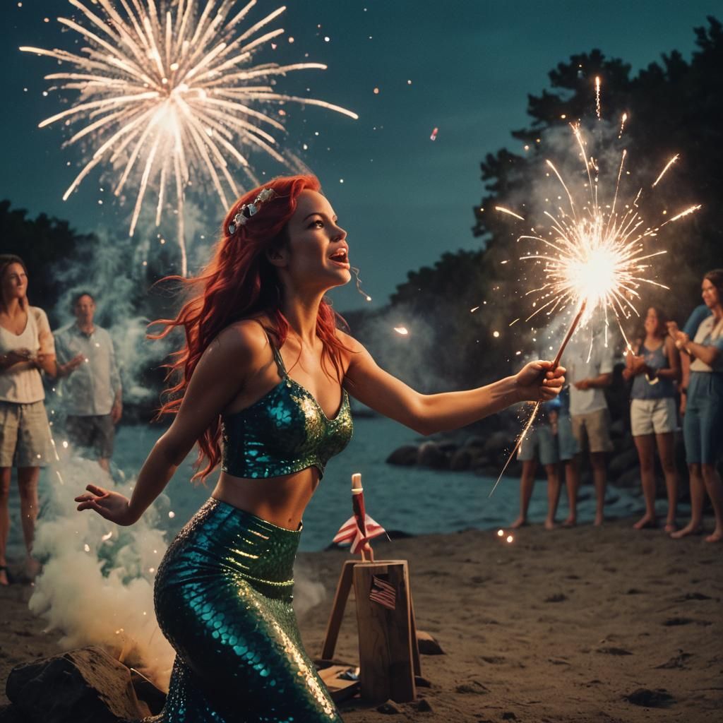 Fourth of July Mermaid with Fireworks