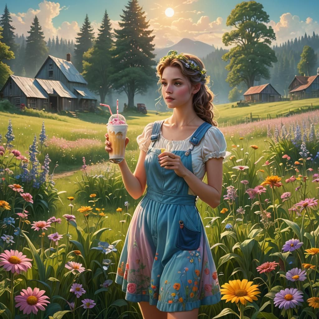 Fairy and Farmer in Lush Meadow, Fantasy Art