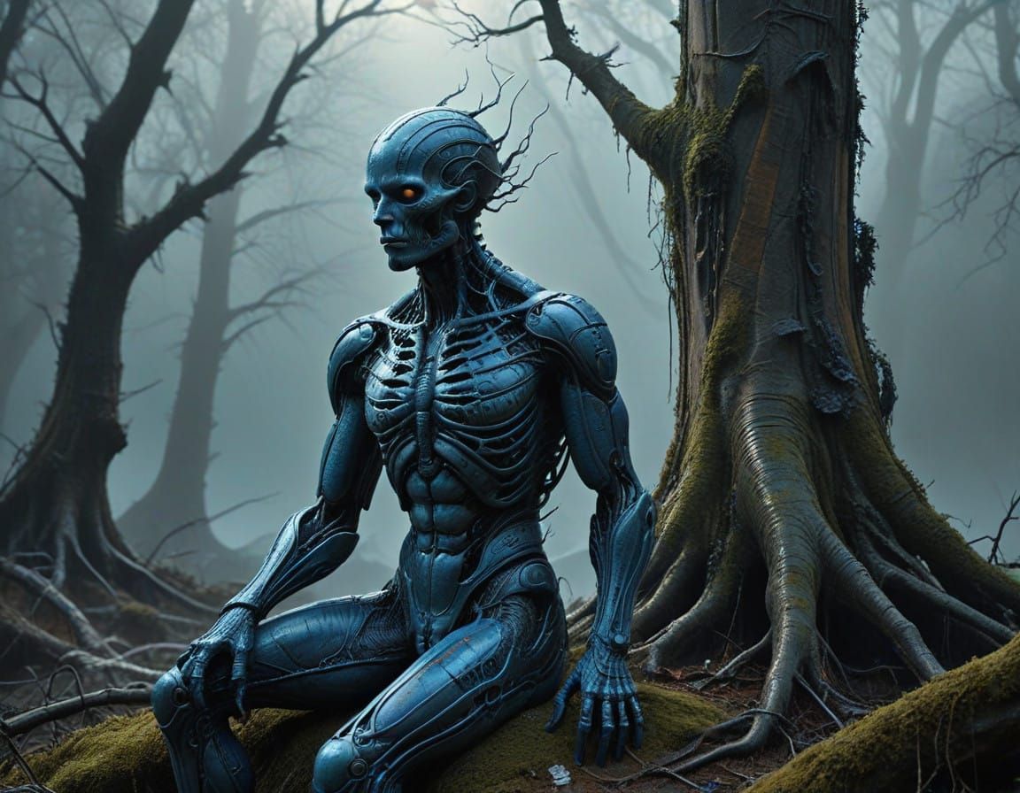 Mysterious, Glowing Stone Being in a Serene, Misty Landscape