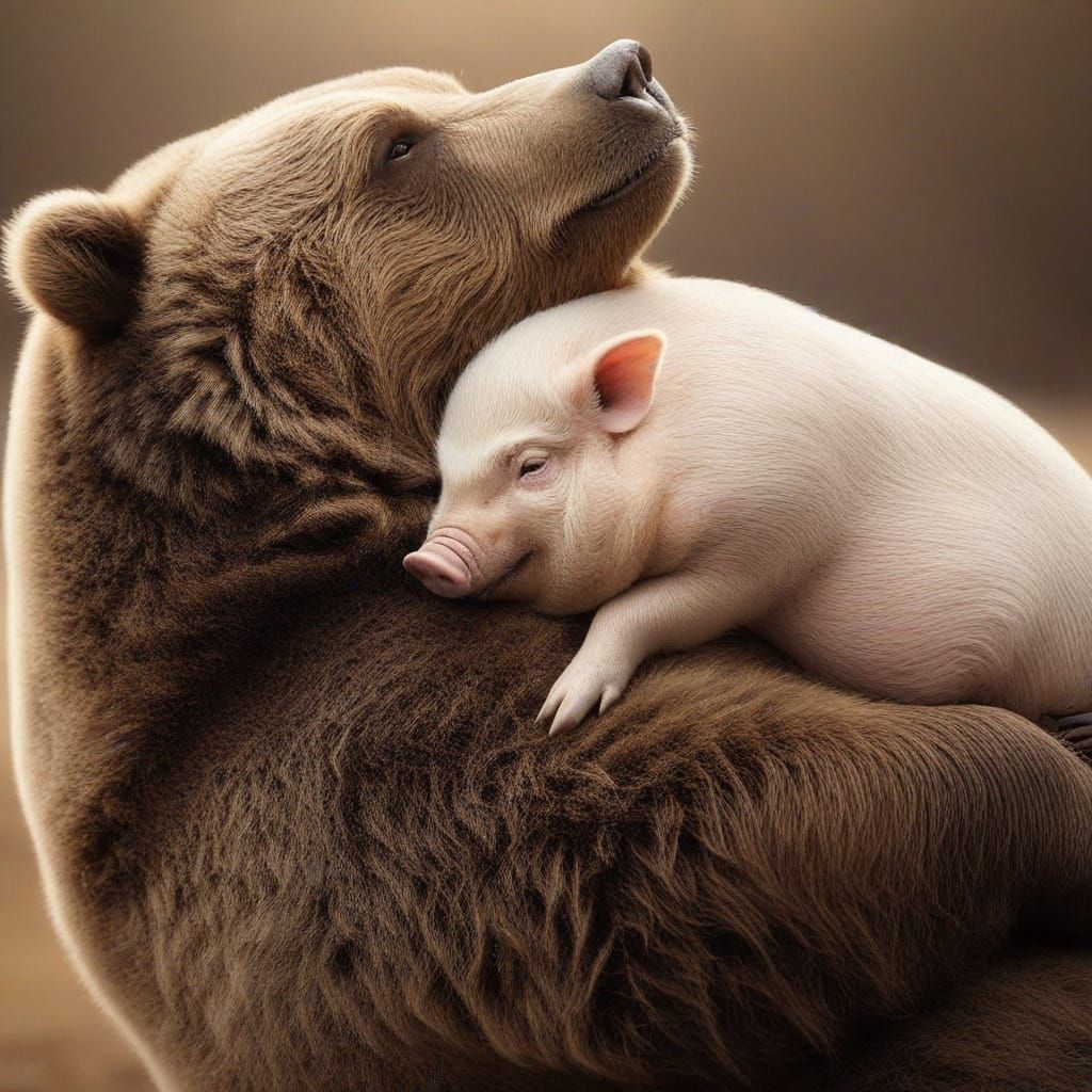Pig Hugs Bear in Softly Lit Photo