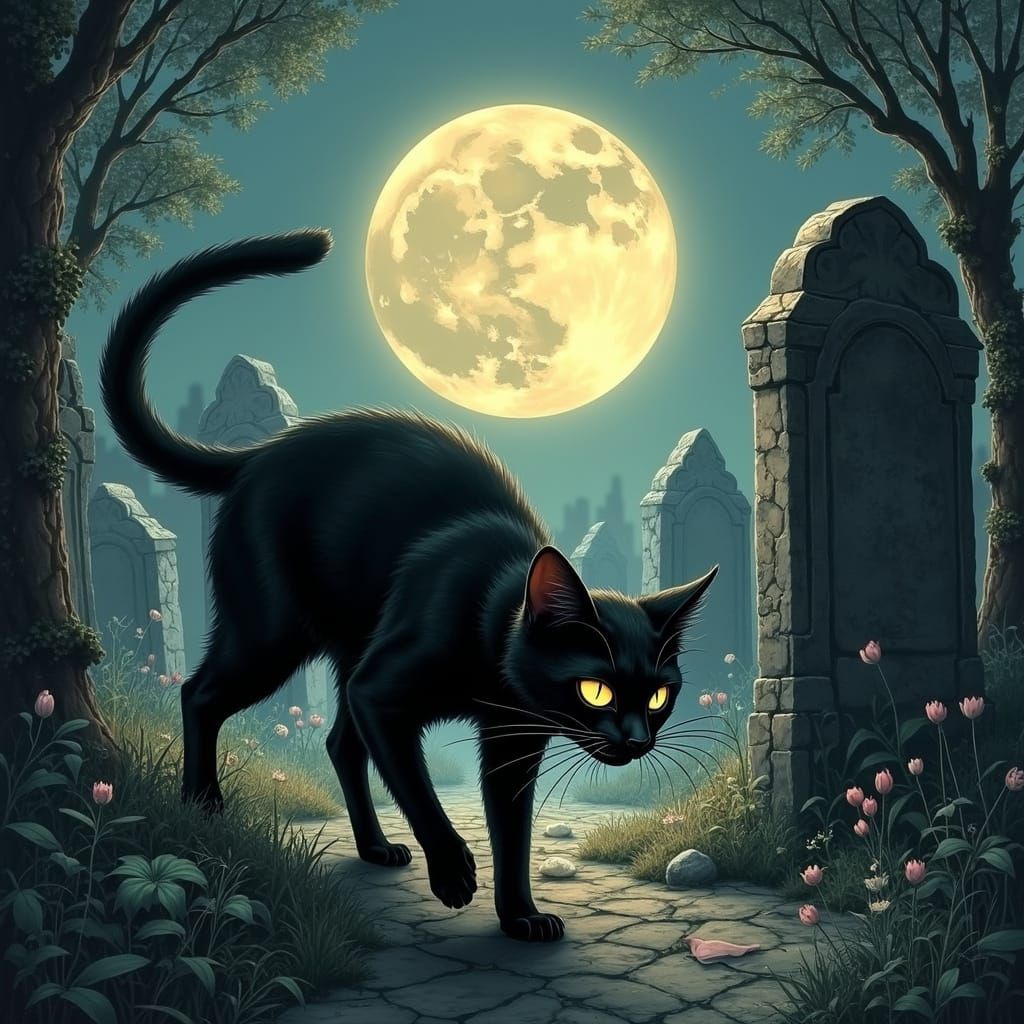 Midnight Feline in a Gothic Cemetery