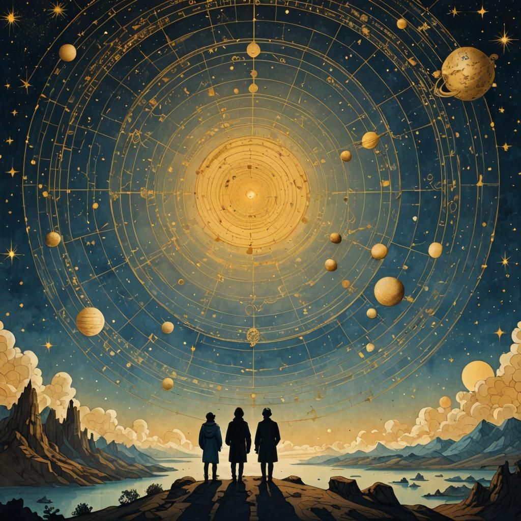 Vintage Star Chart Dreamscape in Blue and Gold