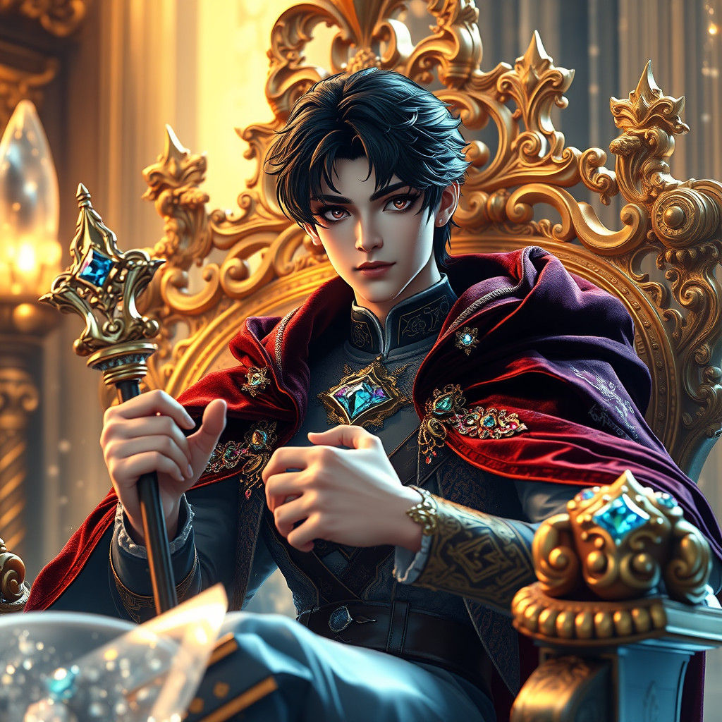 Regal Prince on Jeweled Throne in Anime Style