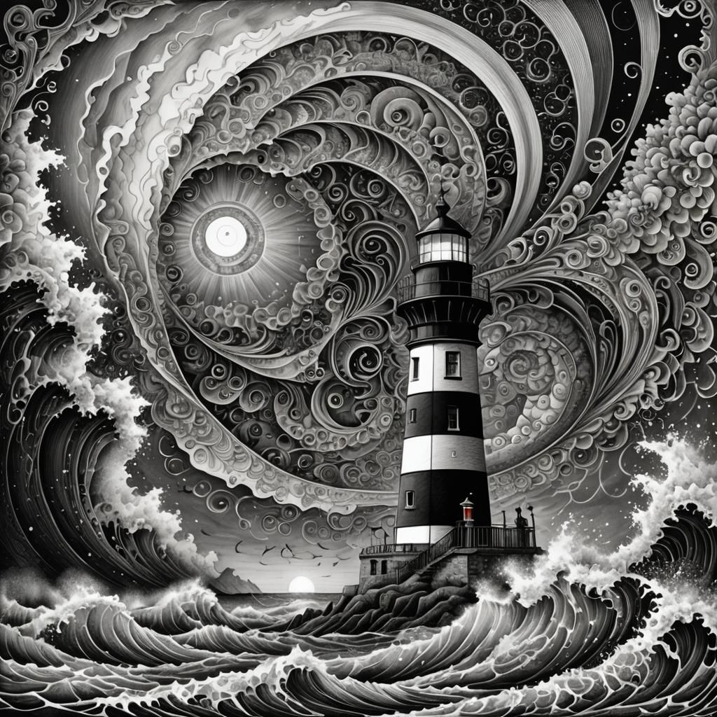 Lighthouse in Stormy Vortex: Pen and Ink Surrealism