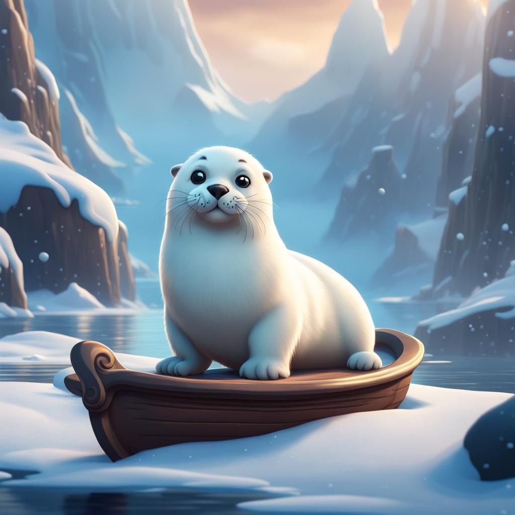 Harp Seal in Disney Cartoon Style, Winter Scene