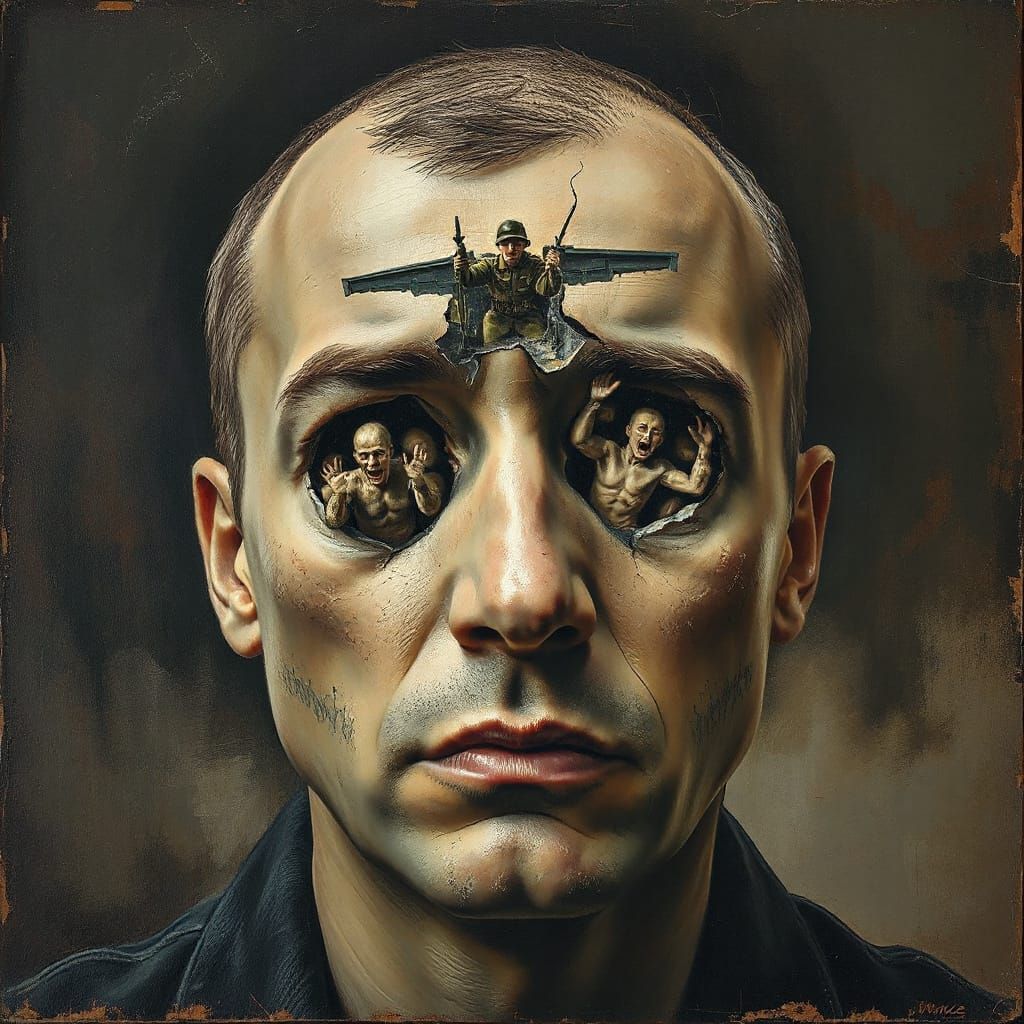 Tormented Face with War Scenes, in Dark Expressive Style