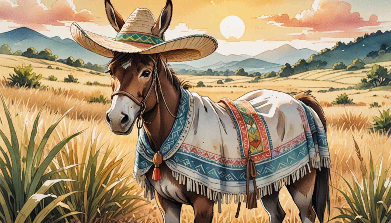 Mule with Sombrero in Anime Watercolor Style