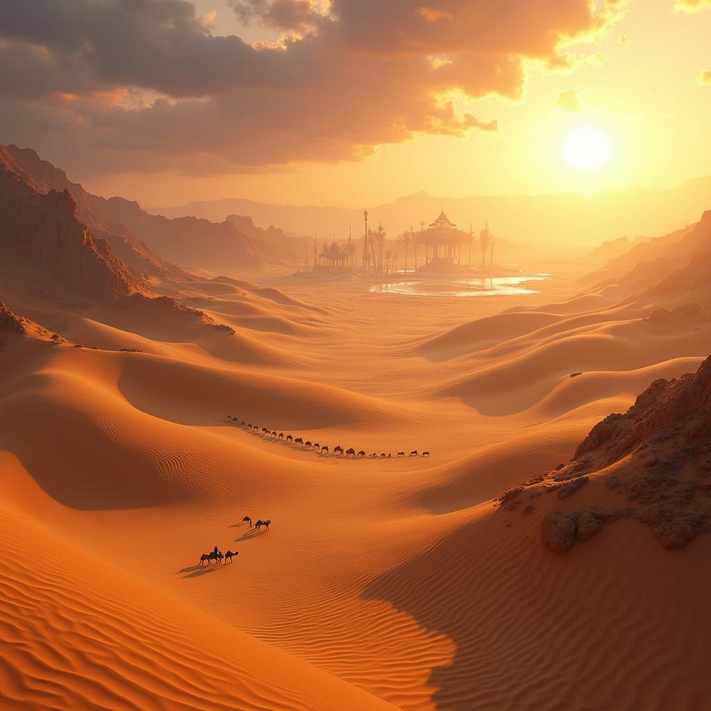 Endless Desert Landscapes with Ancient Oasis and Lush Palm T...