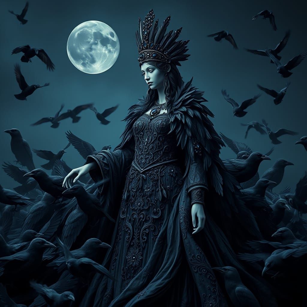 Regal Statue of Dark Queen with Feather Crown