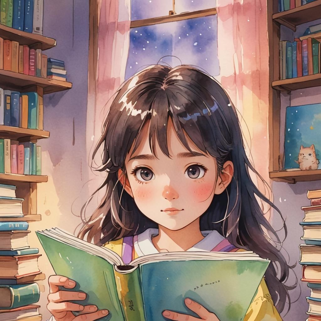 Kawaii Anime Girl Reading Book in Ghibli Style