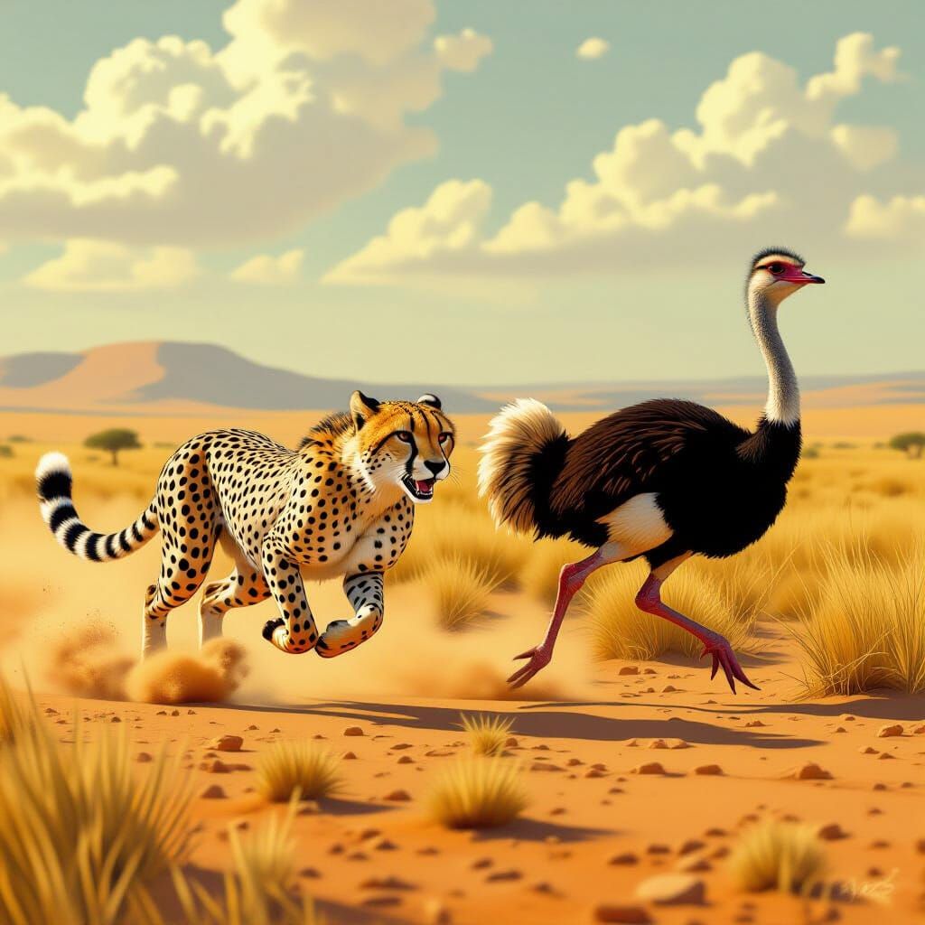 Cheetah Chases Ostrich Across Dusty Golden Savannah
