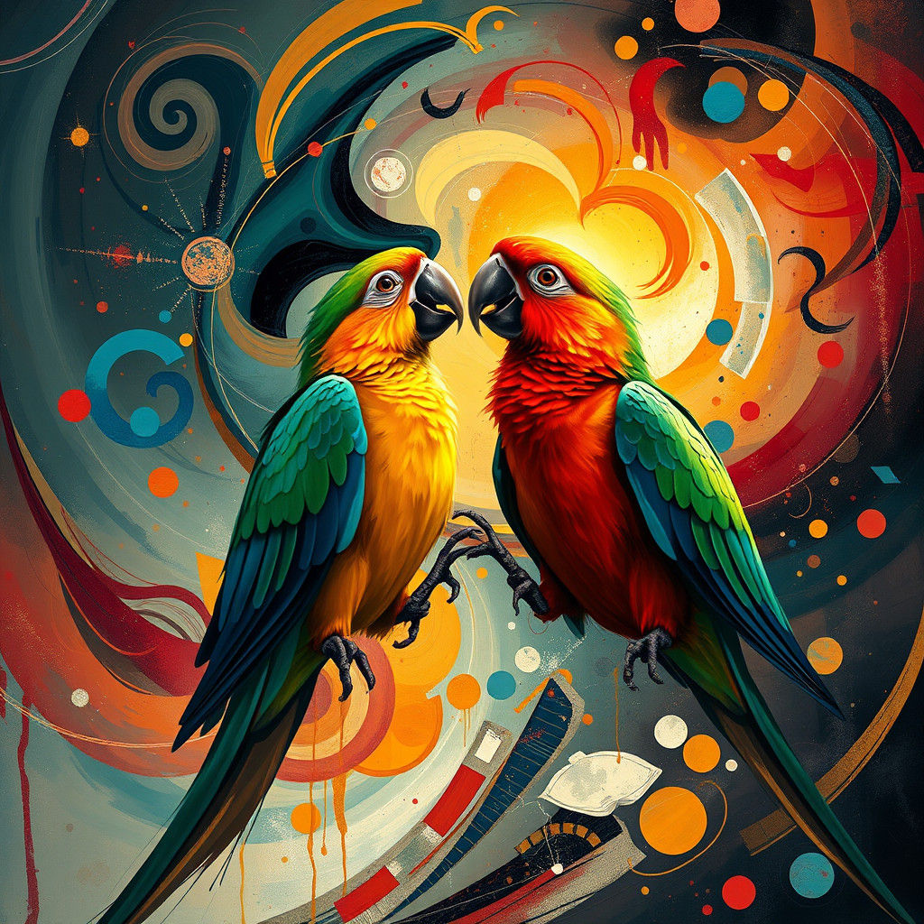 Abstract Parrots Arguing in Kandinsky Style