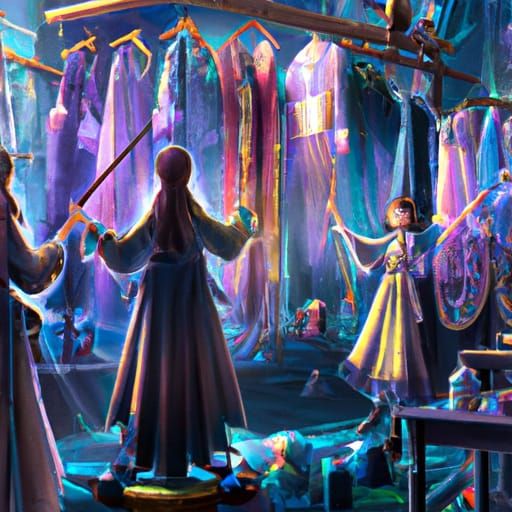 Magical Children in Tailor Shop Fitting Wizard Robes