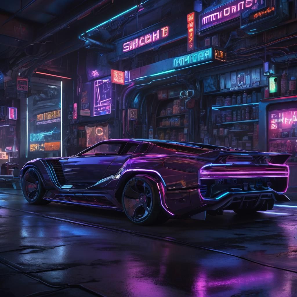 Cyberpunk Sports Car in Toy Store, Futuristic Concept Art