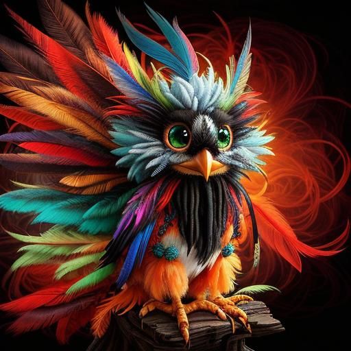 Fluffy Baby Bird with Mohawk in Gothic-Punk Style