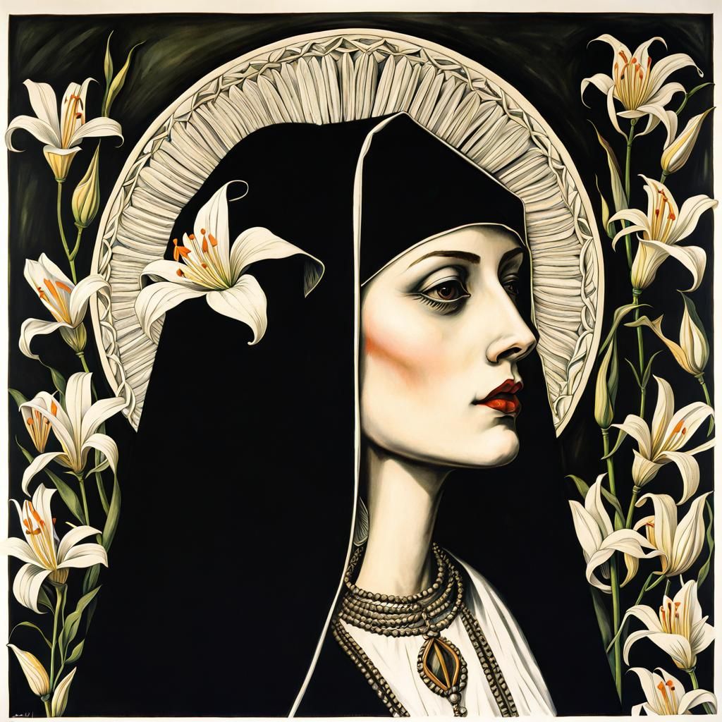 Skeleton Nun with Lily in Renaissance-Baroque Style