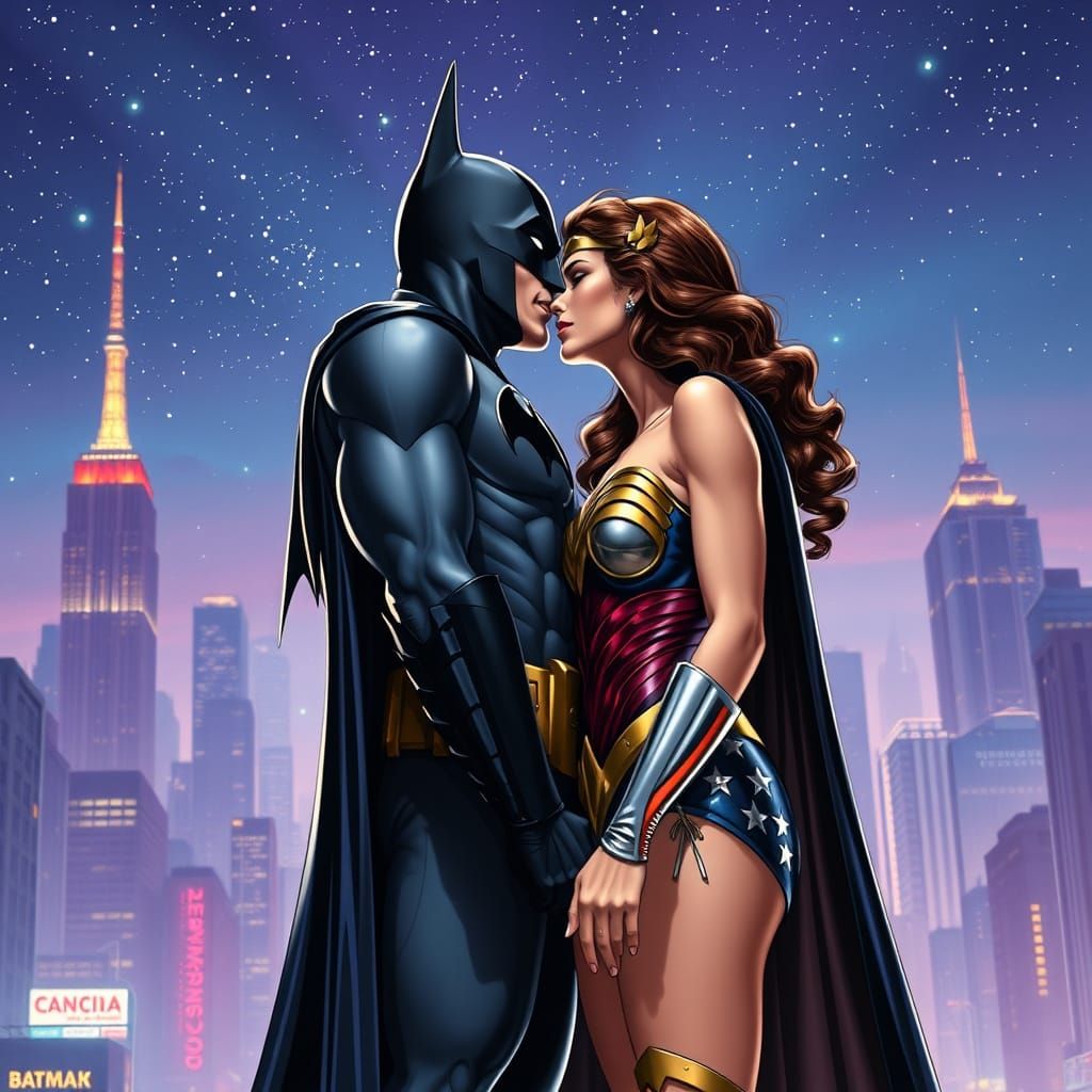 Iconic Superhero Romance in Retro Cityscape