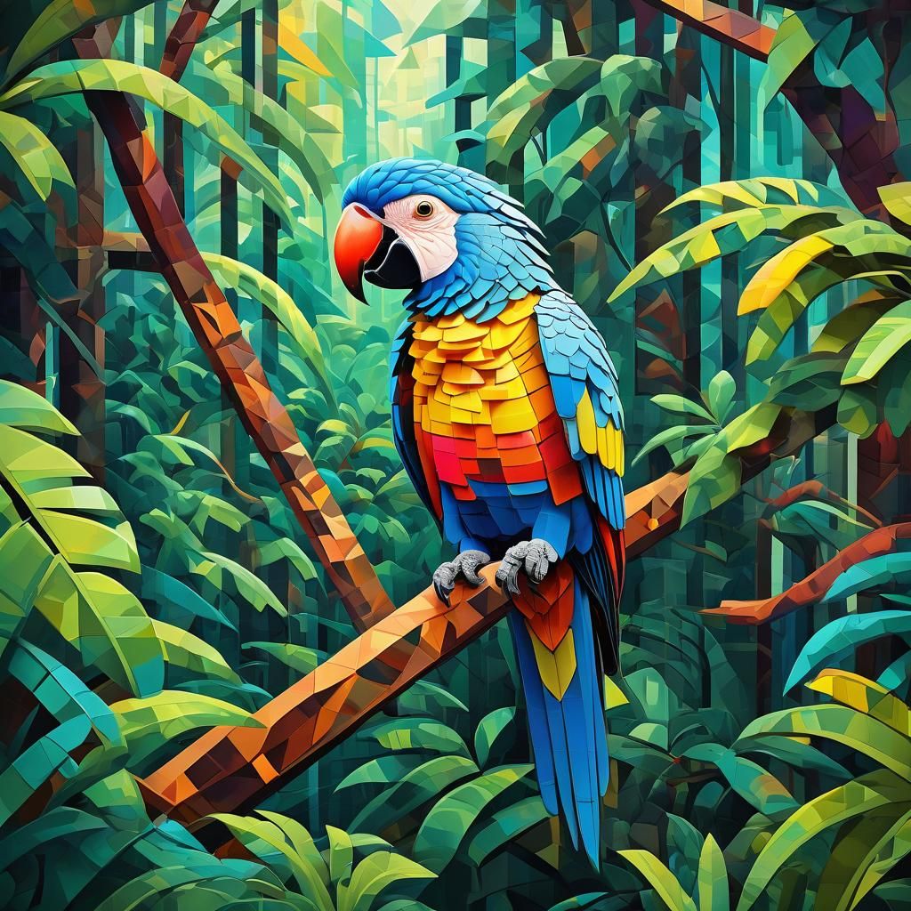 Cubist Parrot in Jungle Tree: Geometric Art