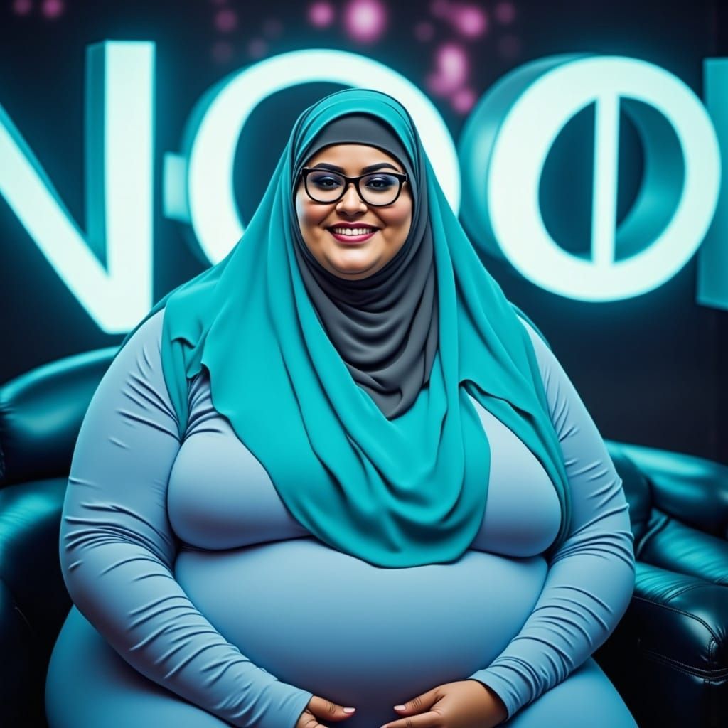 Futuristic Arab Woman in Turquoise Hijab with Neon Dreamscap...