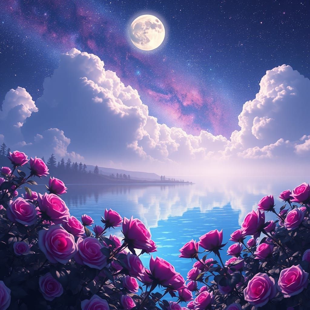 Serene Lake with Purple Roses and Galaxy Backdrop