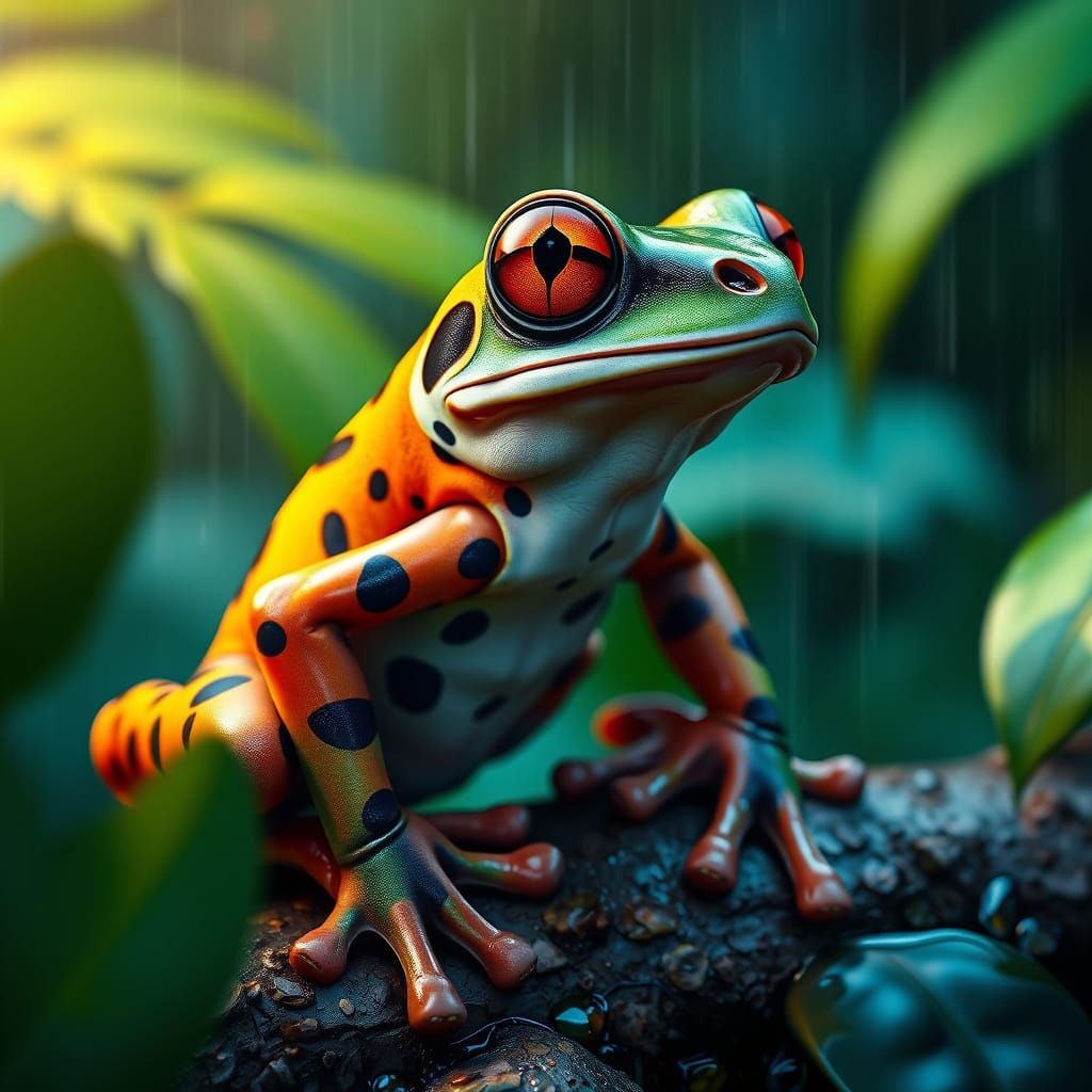 Prismatic Cat-Frog in Rainy Jungle, 3D Anime Art
