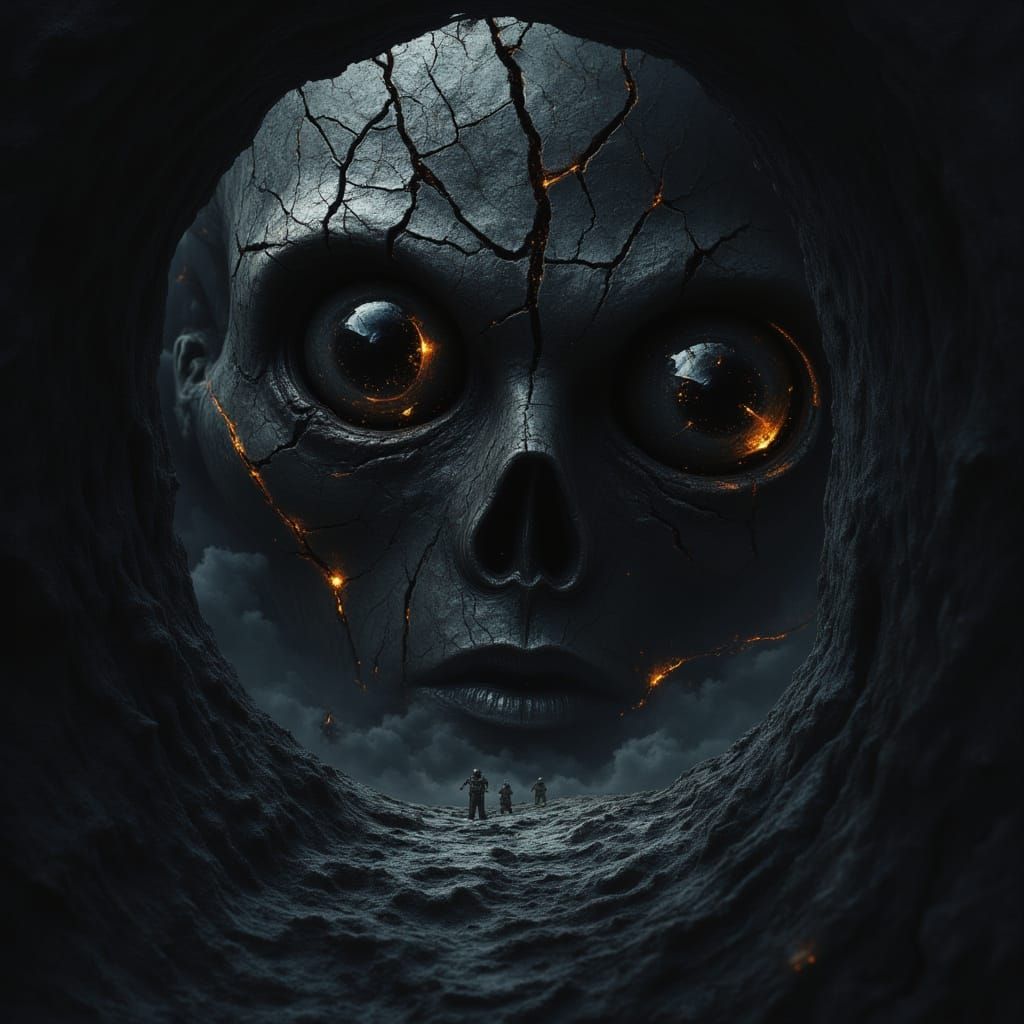 Dark Fantasy Tunnel with Cracked Obsidian Eyes