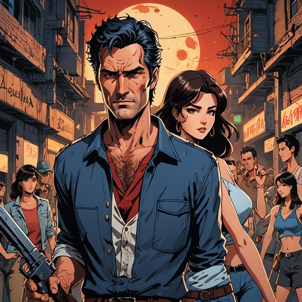 Young Ash Williams Surrounded by Hot Girls in Anime Style