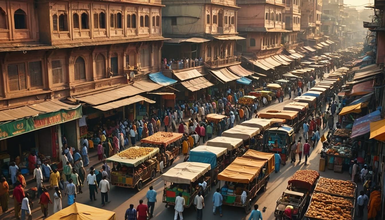 Bustling Indian City Street at Dusk in Golden Light
