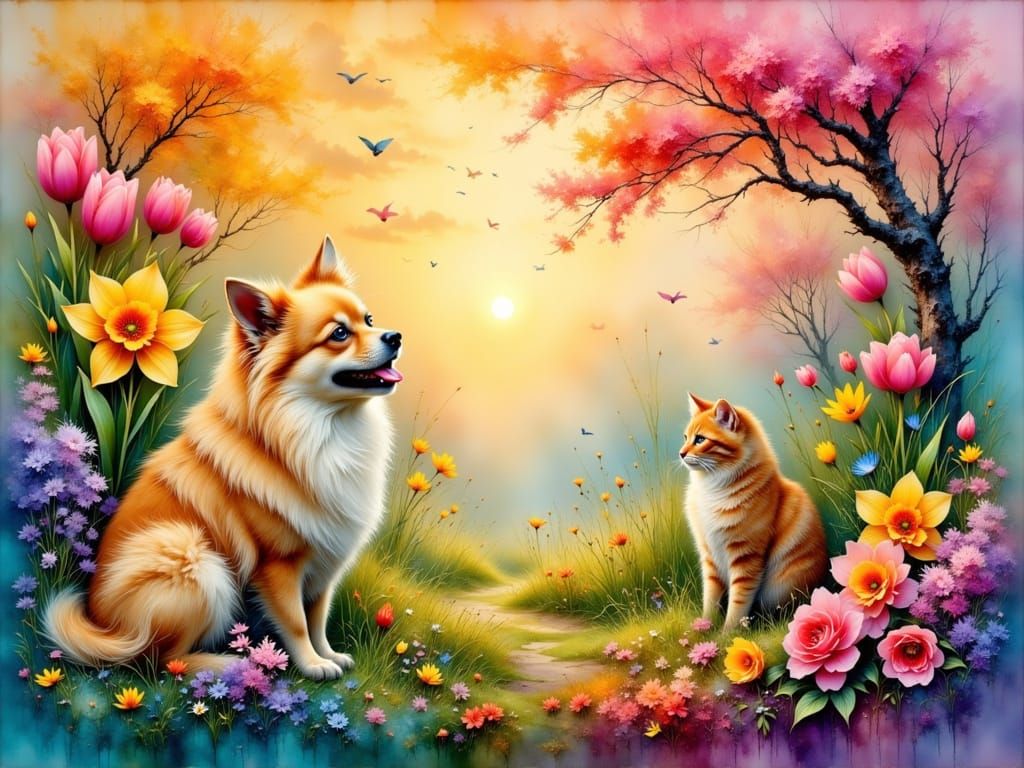 Joyful Spring: Floral, Cat, and Dog in Mixed Media