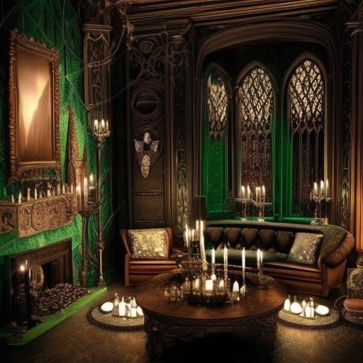 Gothic Slytherin Living room with lots of crystals and candles