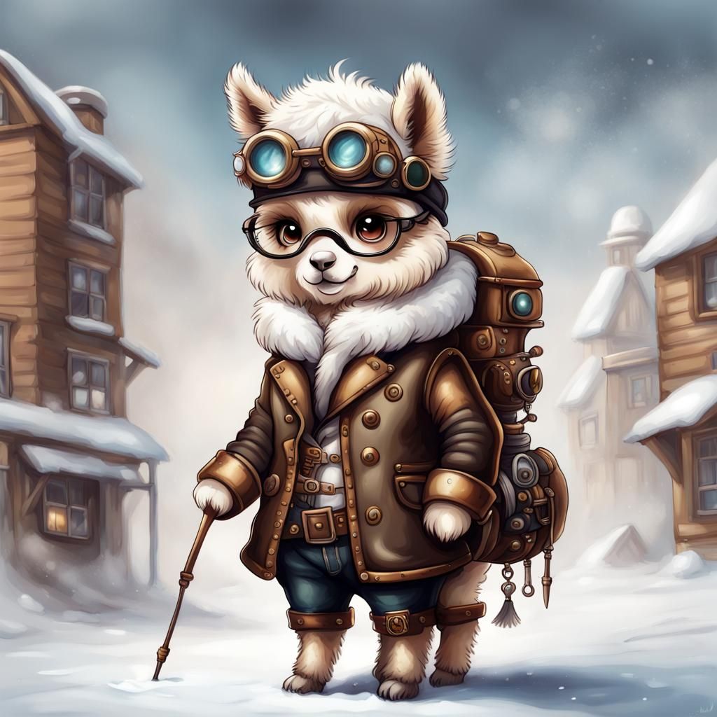 Steampunk Alpaca in Winter Fashion, Oil Painting