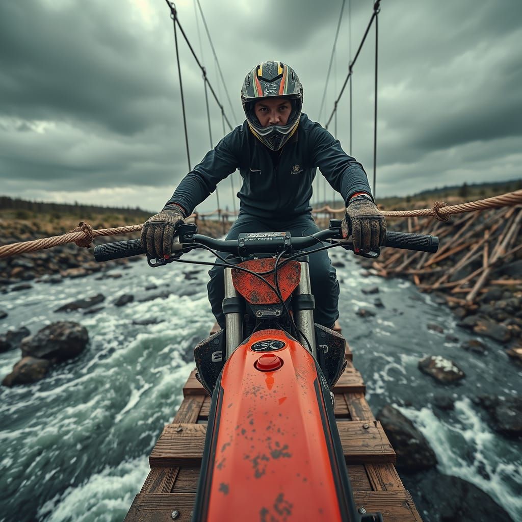 Motocross Rider on a Perilous Bridge in Hyperrealism