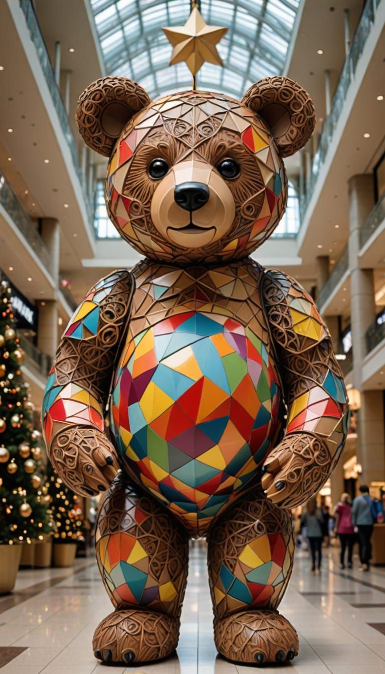 Whimsical Cubist Teddy Bear in a Mall Setting