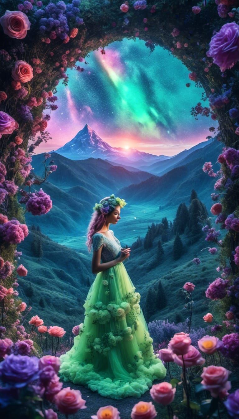 Pastel Garden Clearing with Rainbow, Impressionist Style