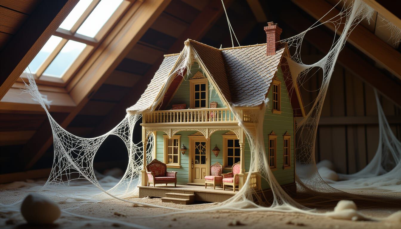 Abandoned Spiderweb Dollhouse in Dusty Attic