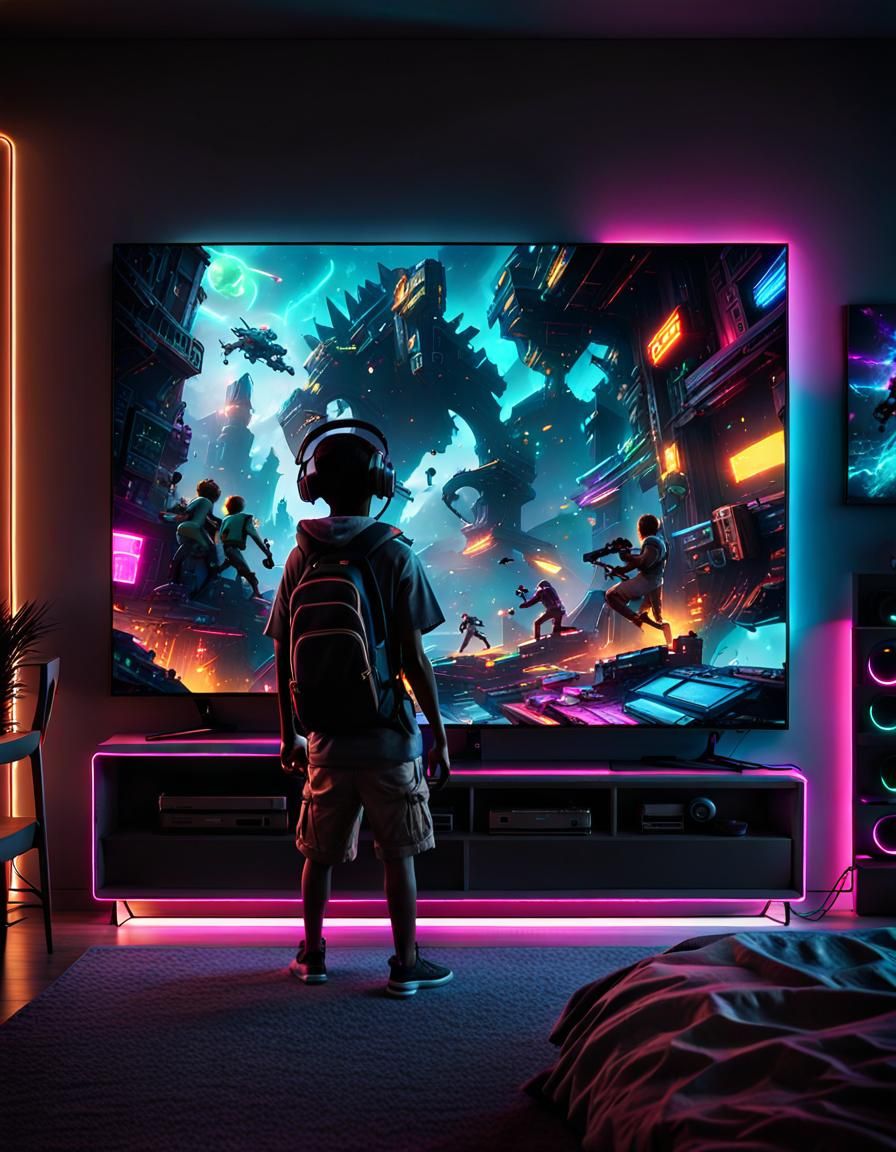 Kids Gaming on Gigantic TV in Dark Room