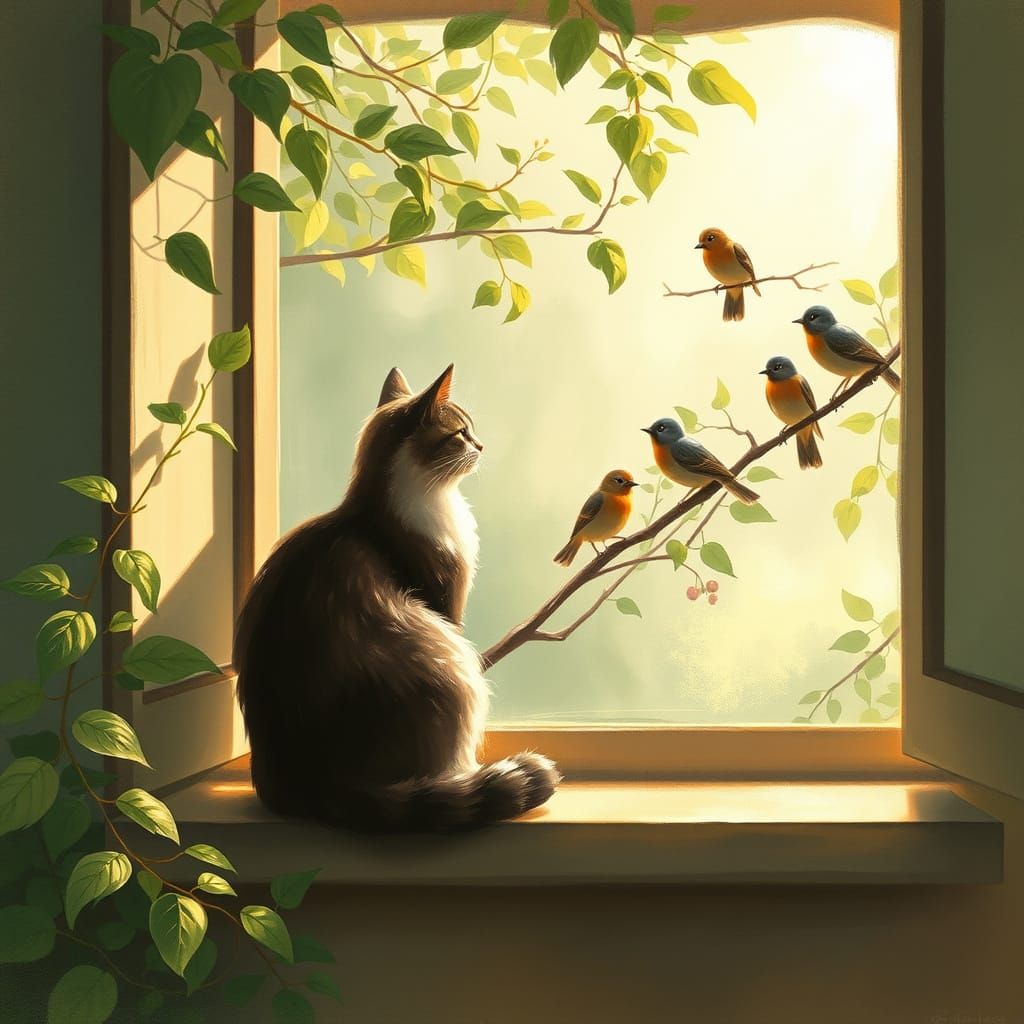 Whimsical Cat in Serene Garden Setting