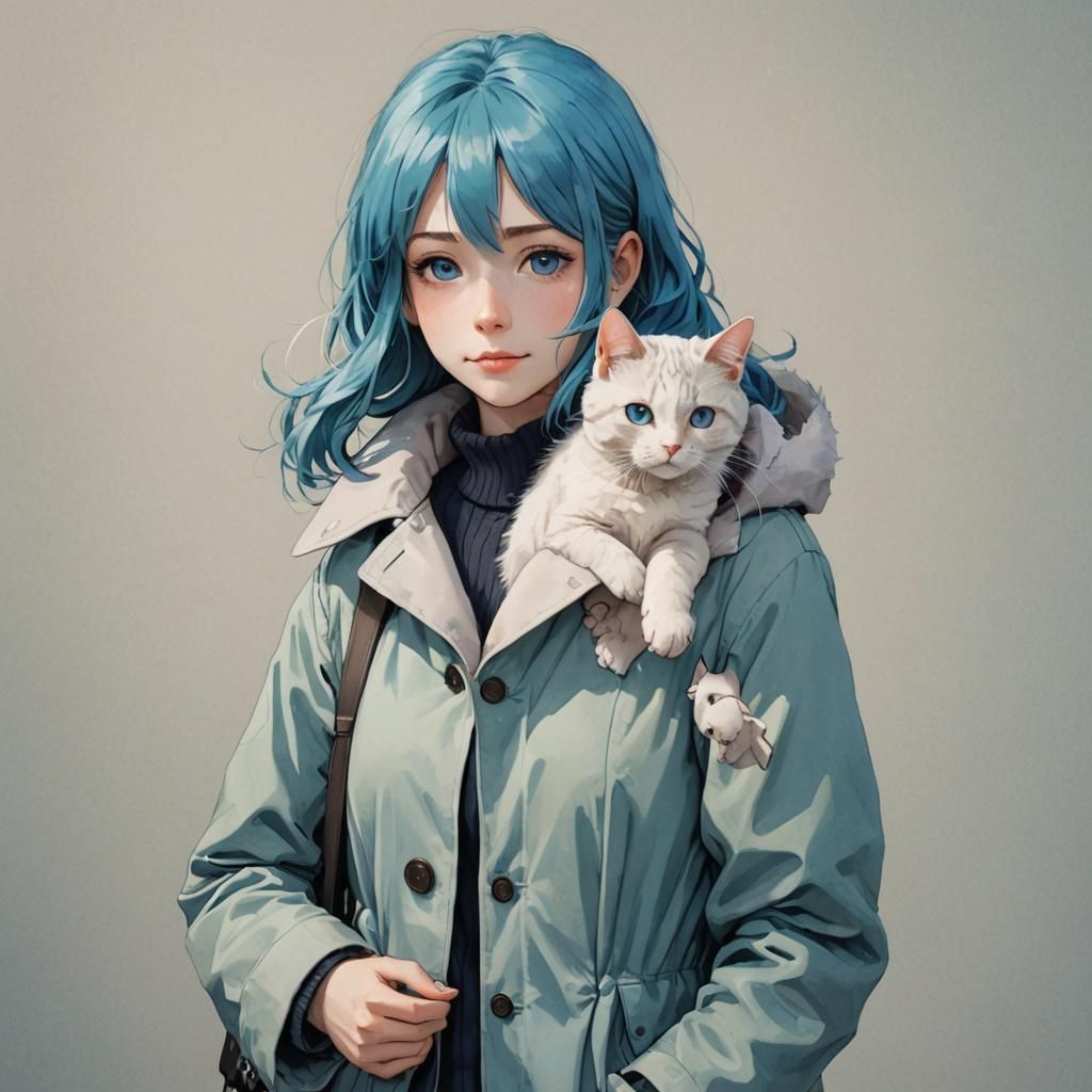 Anime Artwork: Blue-Haired Woman with Cat