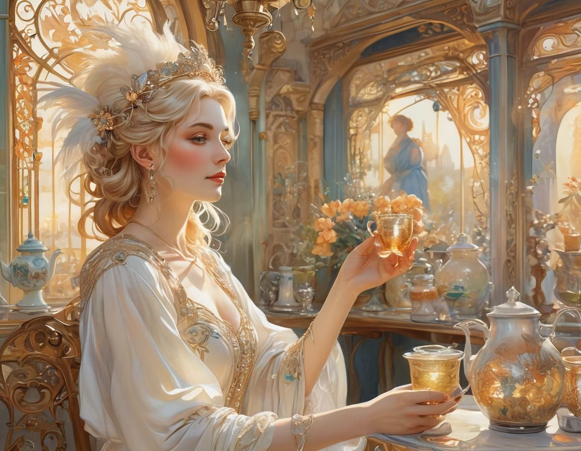Art Nouveau Tea Shop Interior with White Witch