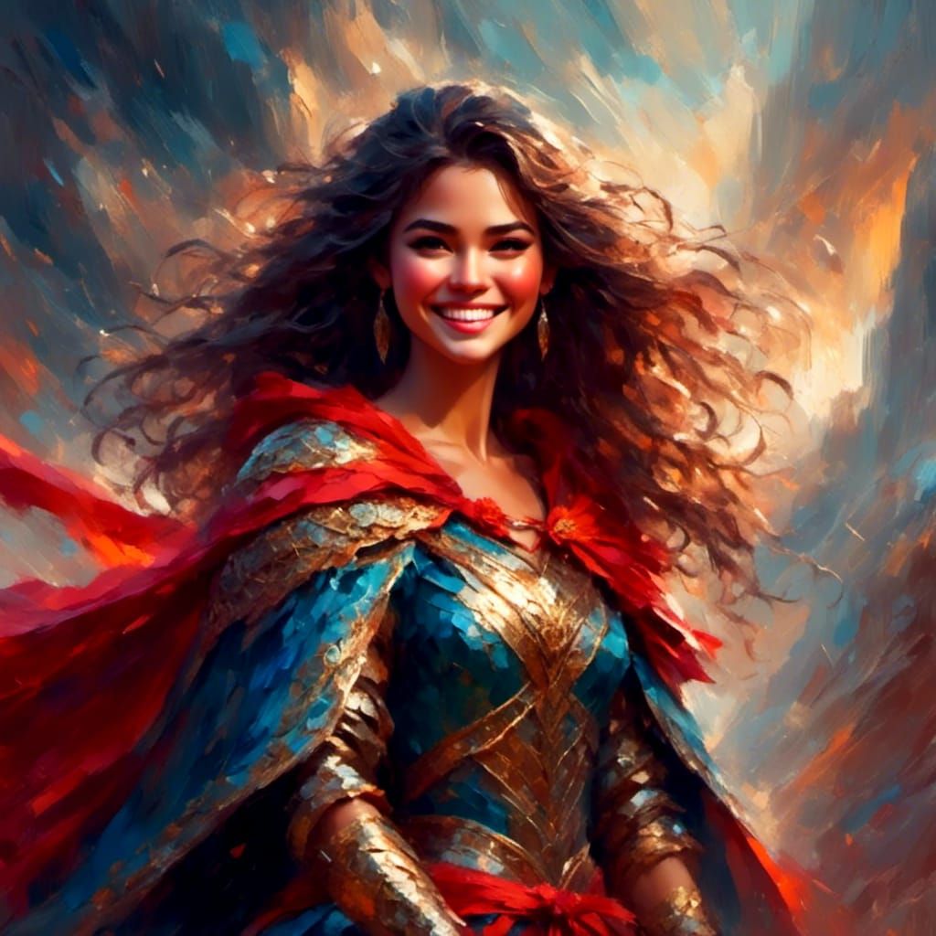 Smiling Latina Warrior in Impasto Style