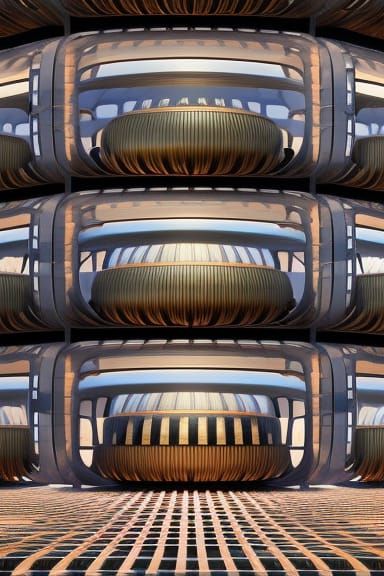 Surreal Japanese Pod Hotel: 2D Vector Art