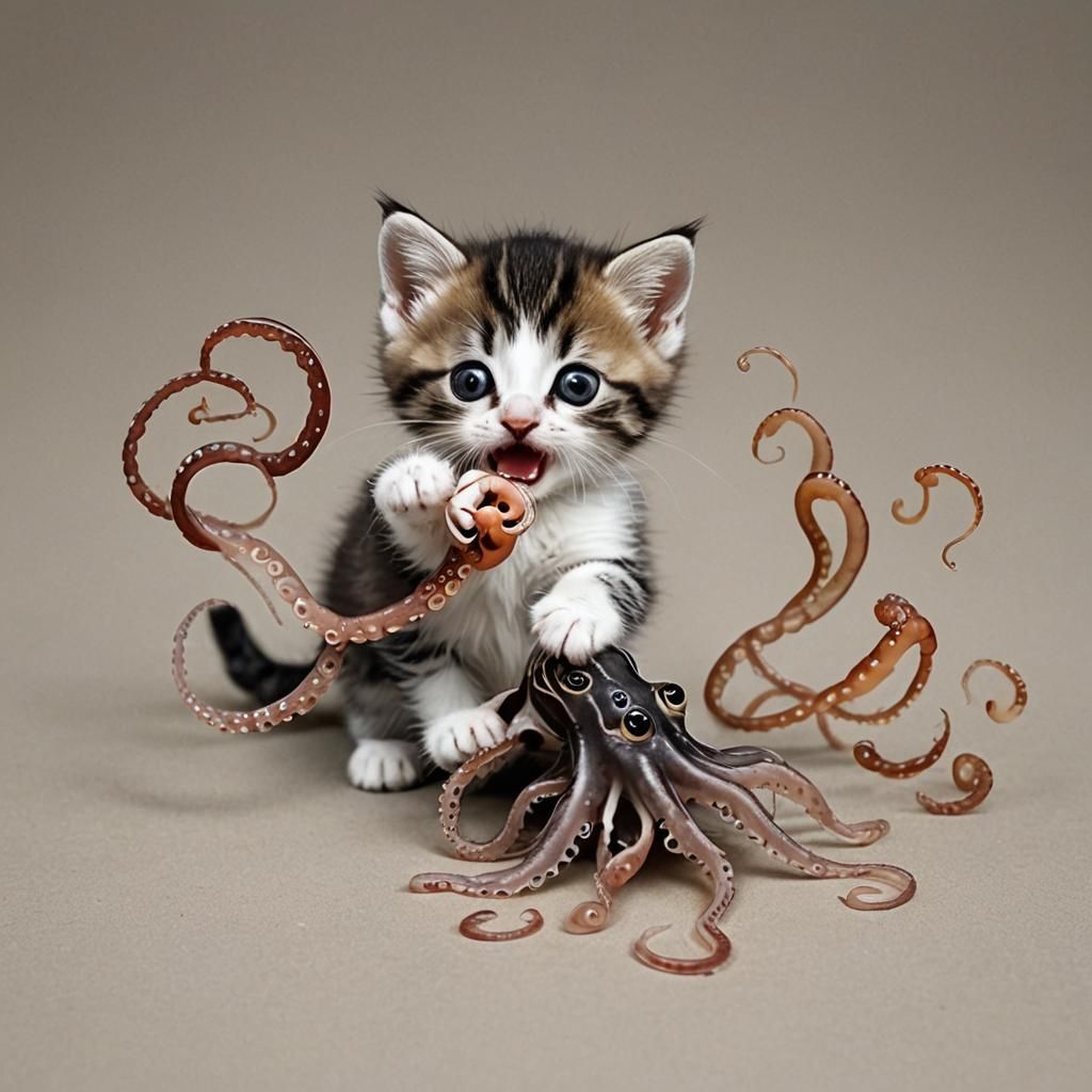 Kitten Plays With Squid Tentacle