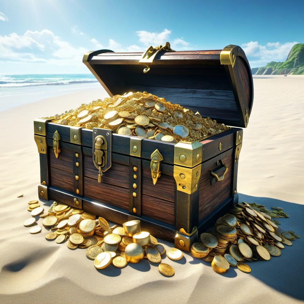 Treasure Chest and Gold on a Beach