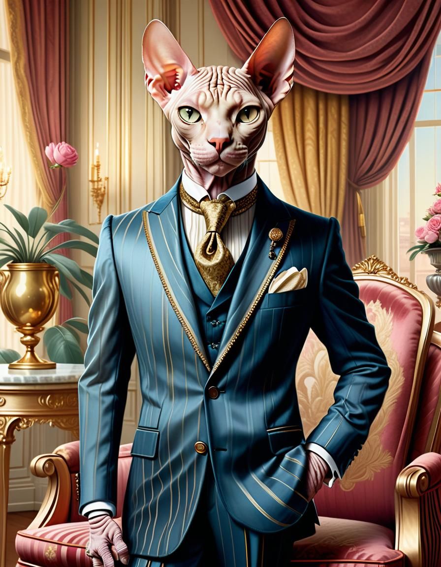 Anthropomorphic Sphynx Cat in Striped Suit