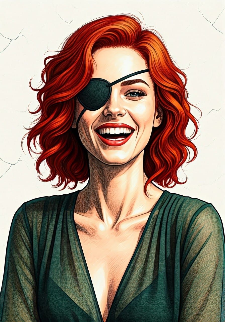 Expressive Portrait of a Redhaired Woman with an Eyepatch