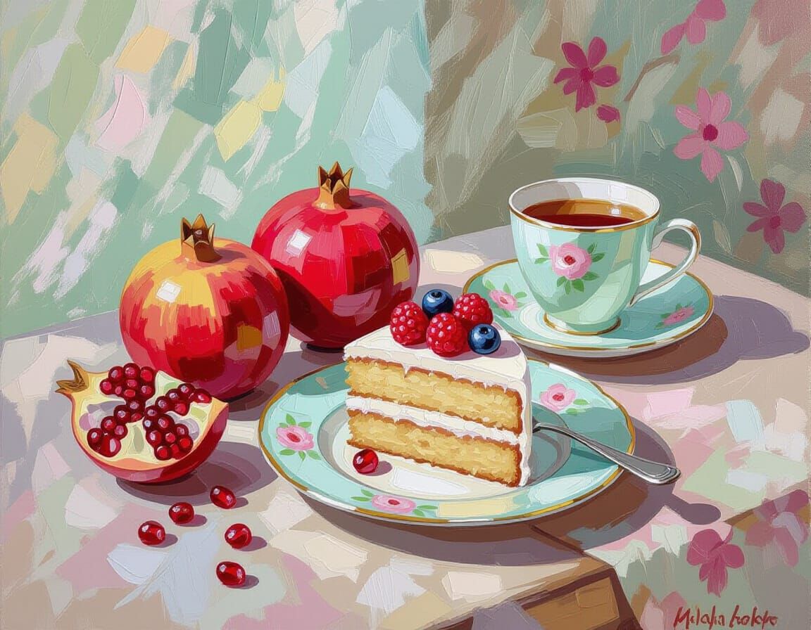 Impressionist Acrylic Still Life: Pomegranates and Cake